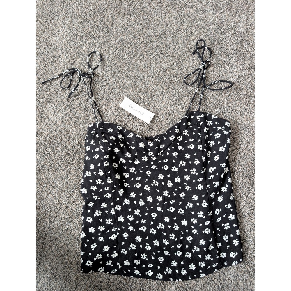 Francescas Mi Ami Black White Floral Tie Strap Smocked Cami Top TFD21103-BLACK L